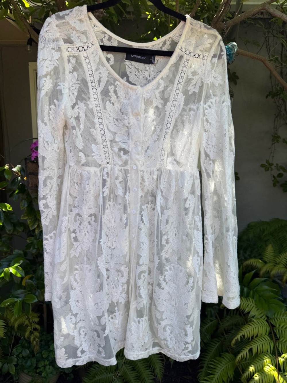 MINKPINK Ivory Lace Button-Front Long Sleeve Dress